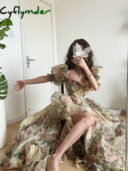Cyflymder Floral Print Evening Party Dress Women Puff Sleeve Elegant Princess Long Dres Ladies