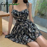 Cyflymder Floral Slip Dress Women Vintage Slim Short Bandage Chiffon Sleeveless Beach Korean Style