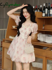 Cyflymder Floral Sweet Fairy Bodycon Dresses For Women Elegant Party Print French Female Korean