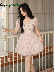 Cyflymder Floral Sweet Fairy Bodycon Dresses For Women Elegant Party Print French Female Korean