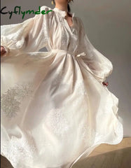 Cyflymder France Elegant Lantern Sleeve Embroidery Midi Dress For Women Spring Autumn New V Neck