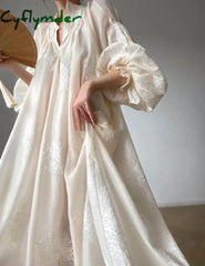 Cyflymder France Elegant Lantern Sleeve Embroidery Midi Dress For Women Spring Autumn New V Neck