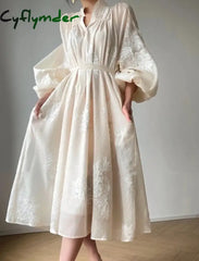 Cyflymder France Elegant Lantern Sleeve Embroidery Midi Dress For Women Spring Autumn New V Neck