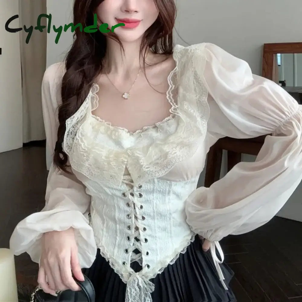 Cyflymder French Court Style Lace Lantern Sleeves Shirt for Women in Spring Lace-up Waist Slimming Corset Short Chic