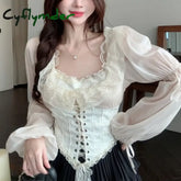 Cyflymder French Court Style Lace Lantern Sleeves Shirt for Women in Spring Lace-up Waist Slimming Corset Short Chic