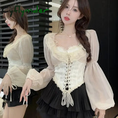 Cyflymder French Court Style Lace Lantern Sleeves Shirt for Women in Spring Lace-up Waist Slimming Corset Short Chic