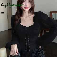 Cyflymder French Court Style Lace Lantern Sleeves Shirt for Women in Spring Lace-up Waist Slimming Corset Short Chic