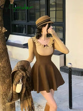 French Elegant 2 Piece Dress Set Slim Bodycom Knitting Blouse + High Waist Solid Y2k Mini Dress Korean Fashion Suit 2024 Spring