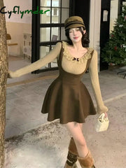 Cyflymder French Elegant 2 Piece Dress Set Slim Bodycom Knitting Blouse + High Waist Solid Y2K Mini