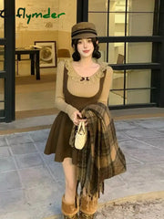 Cyflymder French Elegant 2 Piece Dress Set Slim Bodycom Knitting Blouse + High Waist Solid Y2K Mini