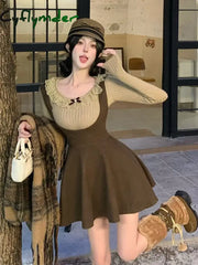 Cyflymder French Elegant 2 Piece Dress Set Slim Bodycom Knitting Blouse + High Waist Solid Y2K Mini