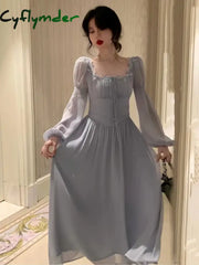 Cyflymder French Elegant Princess Evening Party Midi Dresses for Women Autumn Slim Bandage Long Sleeve Vestidos Korean