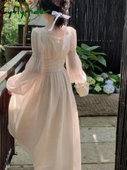 Cyflymder French Elegant Princess Evening Party Midi Dresses for Women Autumn Slim Bandage Long Sleeve Vestidos Korean