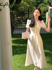 Cyflymder French Elegant Short Sleeve Dress Woman Casual Slim One Piece Korean Fashion Summer Party