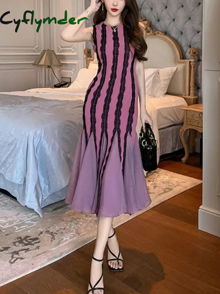 French Elegant Striped New Dress Women Lace Stitching Bodycon Wrap Hip Fishtail Long Robe Female Evening Party Chic Dress 2024