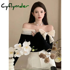 Cyflymder French Elegant Sweater Women Sexy Off Shoulder Bow Slash Neck Pullovers Ladies Y2K Korean