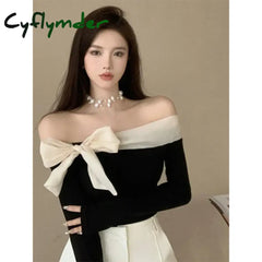 Cyflymder French Elegant Sweater Women Sexy Off Shoulder Bow Slash Neck Pullovers Ladies Y2K Korean