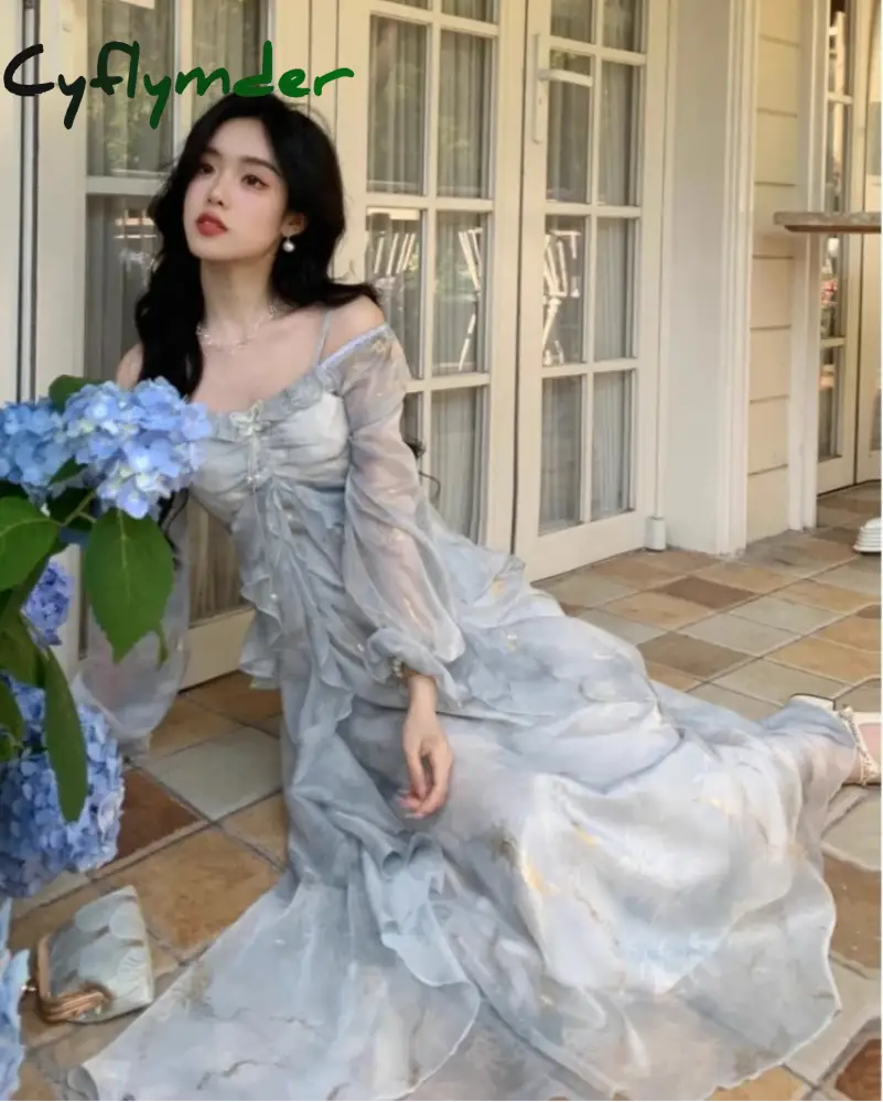 Cyflymder French Fashion Print Fairy Long Dresses Women Autumn New Ruffles A-Line Party Birthday Vestidos Female One