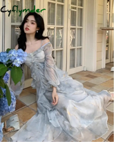 Cyflymder French Fashion Print Fairy Long Dresses Women Autumn New Ruffles A-Line Party Birthday Vestidos Female One