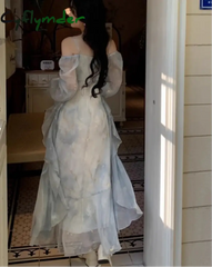 Cyflymder French Fashion Print Fairy Long Dresses Women Autumn New Ruffles A-Line Party Birthday Vestidos Female One