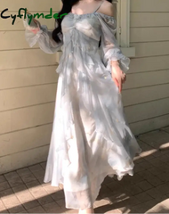 Cyflymder French Fashion Print Fairy Long Dresses Women Autumn New Ruffles A-Line Party Birthday Vestidos Female One