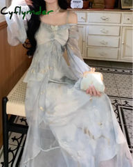 Cyflymder French Fashion Print Fairy Long Dresses Women Autumn New Ruffles A-Line Party Birthday Vestidos Female One