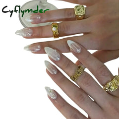 Cyflymder French Handmade Manicure Medium Almond Fake Nails Elegant & Minimalist Nails Press On Nails Design with