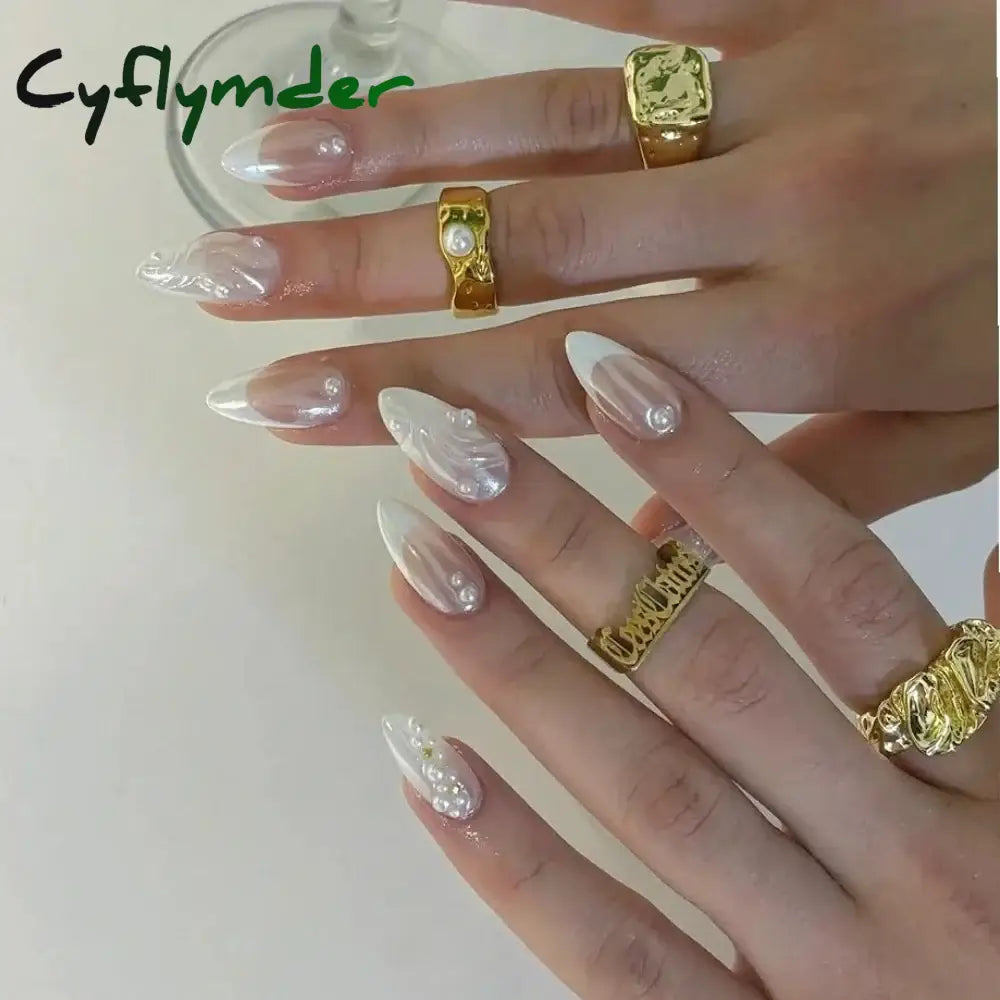 Cyflymder French Handmade Manicure Medium Almond Fake Nails Elegant & Minimalist Nails Press On Nails Design with