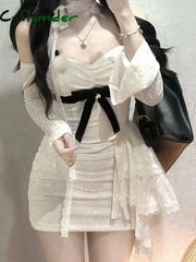 Cyflymder French Lace Sexy One Piece Dress Women Autumn Long Sleeve Evening Party Mini Dress Y2k Korean Fashion Design