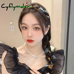 Cyflymder French Pearl Streamer Tied Hair Integrated Headband Girl Premium Braided Hair Braided Hairband Hairpin