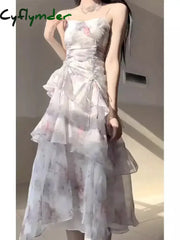 French Princess Floral Print Strap Dress Women Shirring Y2k Elegant Beach Style Midi Dress Female Irregular Design Clothes Cyflymder