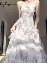 French Princess Floral Print Strap Dress Women Shirring Y2k Elegant Beach Style Midi Dress Female Irregular Design Clothes Cyflymder