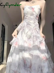 French Princess Floral Print Strap Dress Women Shirring Y2k Elegant Beach Style Midi Dress Female Irregular Design Clothes Cyflymder