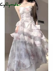 French Princess Floral Print Strap Dress Women Shirring Y2k Elegant Beach Style Midi Dress Female Irregular Design Clothes Cyflymder