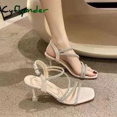 Cyflymder French Rhinestone Sandals Fashion Fine Heel High Heel Sandals Women’s Summer New Fairy Style Thin High Heels