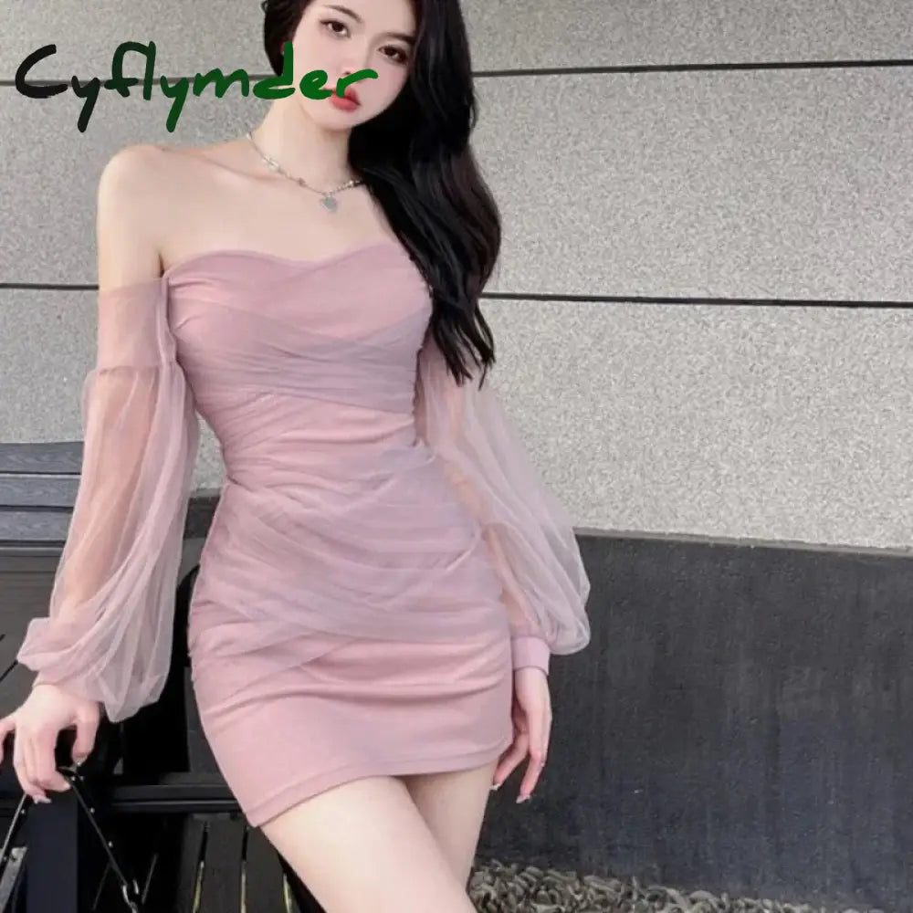 Cyflymder French Sexy Halter Mesh Party Strapless Dress Women Spring Elegant Long Sleeve Slim Waist Wrapped Short