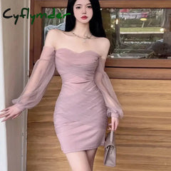 Cyflymder French Sexy Halter Mesh Party Strapless Dress Women Spring Elegant Long Sleeve Slim Waist Wrapped Short