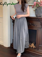 Cyflymder French Style Black Elegant O-neck Sleeveless Women’s Dresses Slim Waist Ruffles Female Maxi Dress Summer