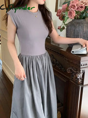 Cyflymder French Style Black Elegant O-neck Sleeveless Women’s Dresses Slim Waist Ruffles Female Maxi Dress Summer