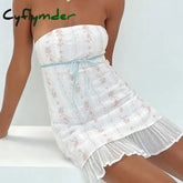 Cyflymder French Style Vintage Floral Print Strapless Tube Dress Cute Bow Ruffles Hem Off Shoulder