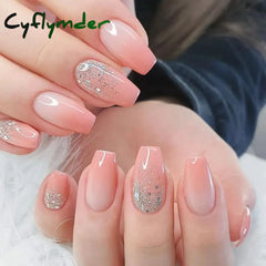 Cyflymder French Sweet Style Rhinestone Fake Nails Medium Length False Nail Women Fashion Acrylic