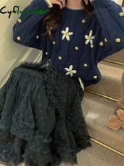 Cyflymder French White Sweet Lace Princess Skirt Women New Elegant High Waisted Slim Midi Skirts Korean Fashion