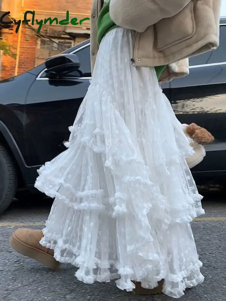 Cyflymder French White Sweet Lace Princess Skirt Women New Elegant High Waisted Slim Midi Skirts Korean Fashion