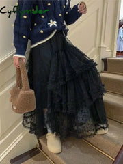 Cyflymder French White Sweet Lace Princess Skirt Women New Elegant High Waisted Slim Midi Skirts Korean Fashion