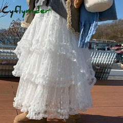 Cyflymder French White Sweet Lace Princess Skirt Women New Elegant High Waisted Slim Midi Skirts Korean Fashion