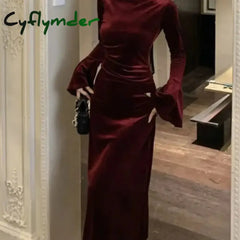 Cyflymder French Wine Red Gold Velvet Long Sleeved Dress for Wealthy Women and Daughters Engagement Dress with Slim Fit