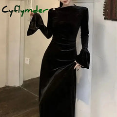 Cyflymder French Wine Red Gold Velvet Long Sleeved Dress for Wealthy Women and Daughters Engagement Dress with Slim Fit