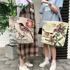 Cyflymder Fresh Butterfly Printed Tote Bag For Women Linen Faric Ladies Shoulder Outdoor Casual