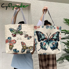 Cyflymder Fresh Butterfly Printed Tote Bag For Women Linen Faric Ladies Shoulder Outdoor Casual