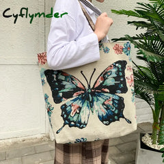 Cyflymder Fresh Butterfly Printed Tote Bag For Women Linen Faric Ladies Shoulder Outdoor Casual